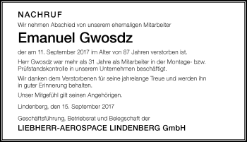 Traueranzeige von Emanuel Gwosdz von Der Westallgäuer
