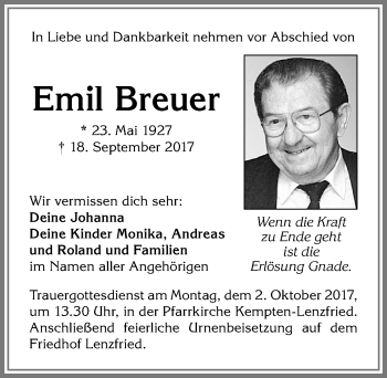 Traueranzeige von Emil Breuer von Allgäuer Zeitung,Kempten