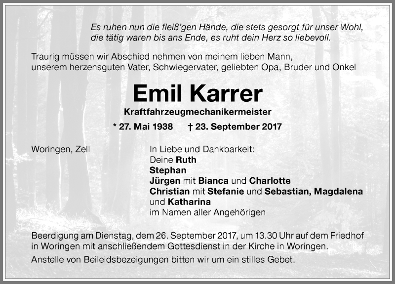  Traueranzeige für Emil Karrer vom 25.09.2017 aus Memminger Zeitung