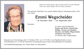 Traueranzeige von Emmi Wegscheider von Allgäuer Zeitung,Kempten