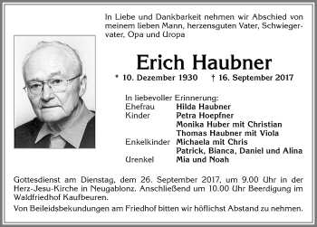 Traueranzeige von Erich Haubner von Allgäuer Zeitung, Kaufbeuren/Buchloe