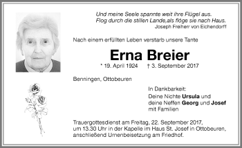 Traueranzeige von Erna Breier von Memminger Zeitung