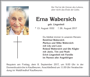 Traueranzeige von Erna Wabersich von Allgäuer Zeitung, Kaufbeuren/Buchloe
