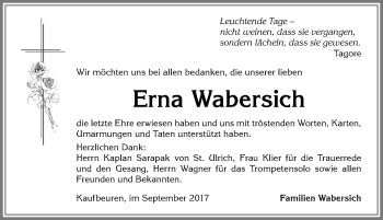 Traueranzeige von Erna Wabersich von Allgäuer Zeitung, Kaufbeuren/Buchloe