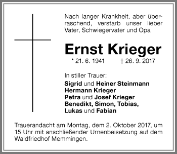Traueranzeige von Ernst Krieger von Memminger Zeitung