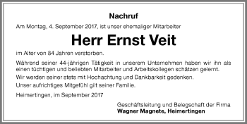 Traueranzeige von Ernst Veit von Memminger Zeitung
