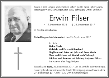 Traueranzeige von Erwin Filser von Allgäuer Zeitung, Marktoberdorf