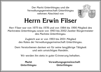 Traueranzeige von Erwin Filser von Allgäuer Zeitung, Marktoberdorf