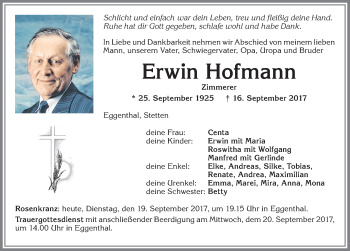 Traueranzeige von Erwin Hofmann von Allgäuer Zeitung, Kaufbeuren/Buchloe