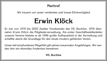 Traueranzeige von Erwin Klöck von Allgäuer Zeitung, Kaufbeuren/Buchloe