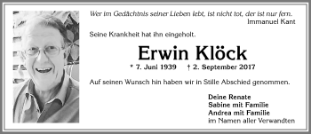 Traueranzeige von Erwin Klöck von Allgäuer Zeitung, Kaufbeuren/Buchloe
