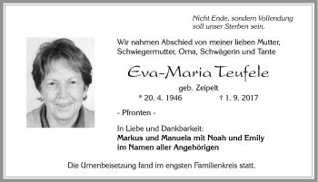 Traueranzeige von Eva-Maria Teufele von Allgäuer Zeitung, Füssen