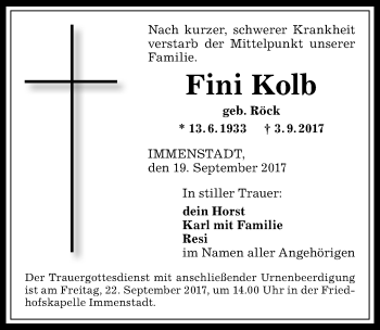 Traueranzeige von Fini Kolb von Allgäuer Anzeigeblatt