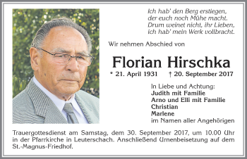 Traueranzeige von Florian Hirschka von Allgäuer Zeitung, Marktoberdorf