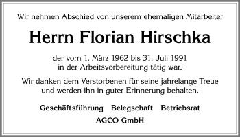 Traueranzeige von Florian Hirschka von Allgäuer Zeitung, Marktoberdorf