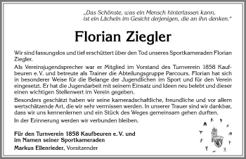 Traueranzeige von Florian Ziegler von Allgäuer Zeitung, Kaufbeuren/Buchloe