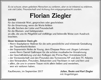 Traueranzeige von Florian Ziegler von Allgäuer Zeitung, Kaufbeuren/Buchloe