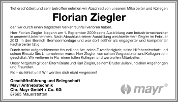 Traueranzeige von Florian Ziegler von Allgäuer Zeitung, Kaufbeuren/Buchloe