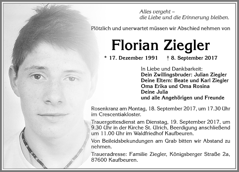  Traueranzeige für Florian Ziegler vom 14.09.2017 aus Allgäuer Zeitung, Kaufbeuren/Buchloe