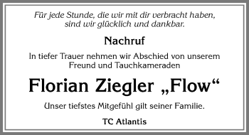 Traueranzeige von Florian Ziegler von Allgäuer Zeitung, Kaufbeuren/Buchloe