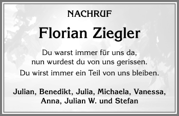 Traueranzeige von Florian Ziegler von Allgäuer Zeitung, Kaufbeuren/Buchloe
