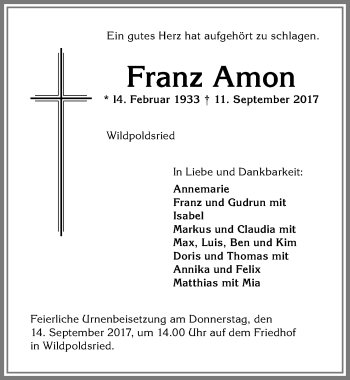 Traueranzeige von Franz Amon von Allgäuer Zeitung,Kempten