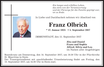 Traueranzeige von Franz Olbrich von Allgäuer Anzeigeblatt