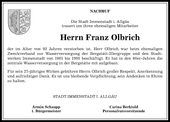 Traueranzeige von Franz Olbrich von Allgäuer Anzeigeblatt