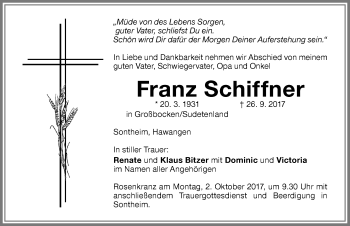 Traueranzeige von Franz Schiffner von Memminger Zeitung