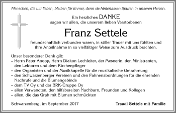 Traueranzeige von Franz Settele von Allgäuer Zeitung,Kempten