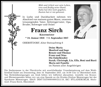 Traueranzeige von Franz Sirch von Allgäuer Anzeigeblatt