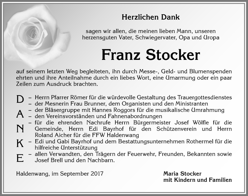 Traueranzeige für Franz Stocker vom 14.09.2017 aus Allgäuer Zeitung,Kempten