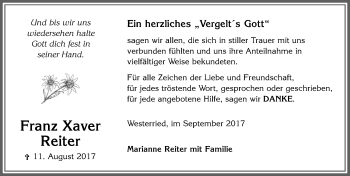 Traueranzeige von Franz Xaver Reiter von Allgäuer Zeitung, Marktoberdorf