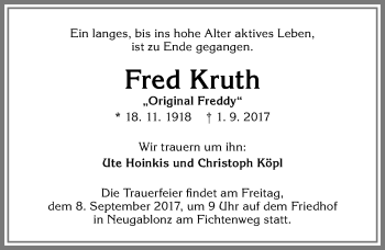 Traueranzeige von Fred Kruth von Allgäuer Zeitung, Kaufbeuren/Buchloe