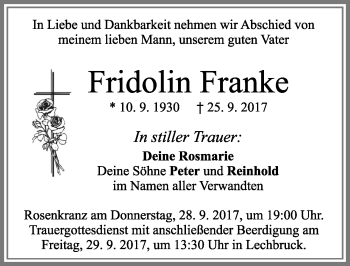 Traueranzeige von Fridolin Franke von Allgäuer Zeitung, Füssen