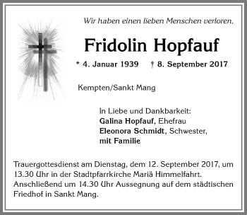 Traueranzeige von Fridolin Hopfauf von Allgäuer Zeitung,Kempten