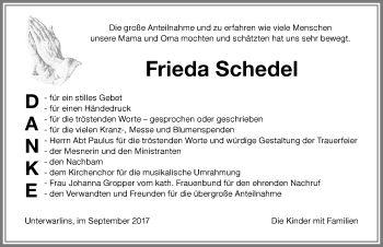 Traueranzeige von Frieda Schedel von Memminger Zeitung