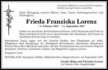 Traueranzeige von Frieda Franziska Lorenz von Allgäuer Anzeigeblatt