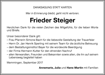 Traueranzeige von Frieder Steiger von Memminger Zeitung