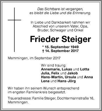 Traueranzeige von Frieder Steiger von Memminger Zeitung