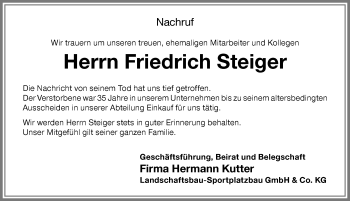 Traueranzeige von Friedrich Steiger von Memminger Zeitung