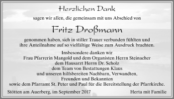 Traueranzeige von Fritz Droßmann von Allgäuer Zeitung, Marktoberdorf