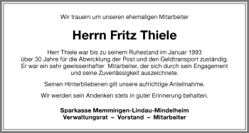 Traueranzeige von Fritz Thiele von Memminger Zeitung