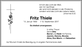 Traueranzeige von Fritz Thiele von Memminger Zeitung