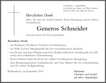 Traueranzeige von Generos Schneider von Der Westallgäuer
