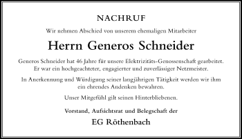 Traueranzeige von Generos Schneider von Der Westallgäuer