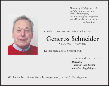 Traueranzeige von Generos Schneider von Der Westallgäuer