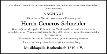 Traueranzeige von Generos Schneider von Der Westallgäuer