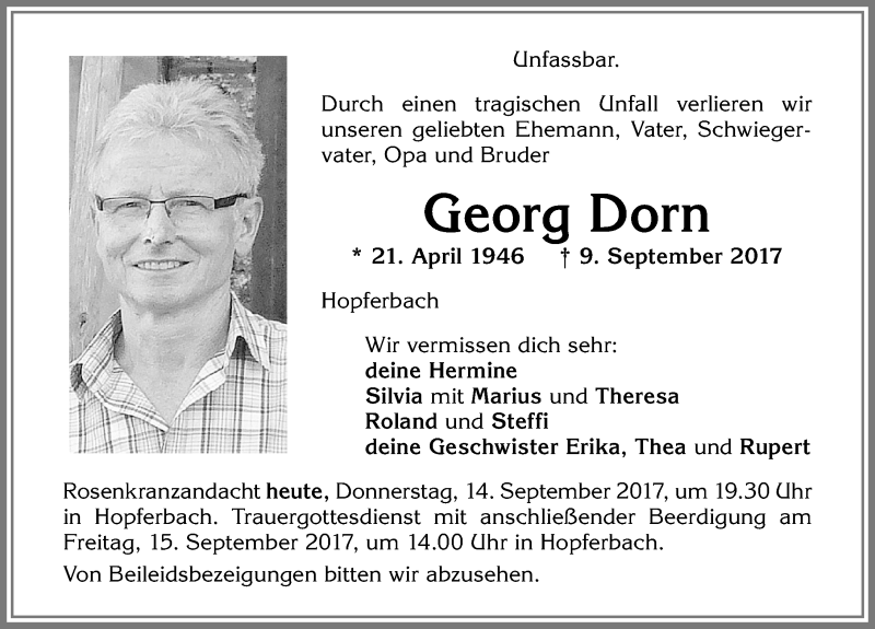  Traueranzeige für Georg Dorn vom 14.09.2017 aus Allgäuer Zeitung