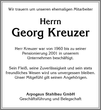 Traueranzeige von Georg Kreuzer von Allgäuer Zeitung,Kempten